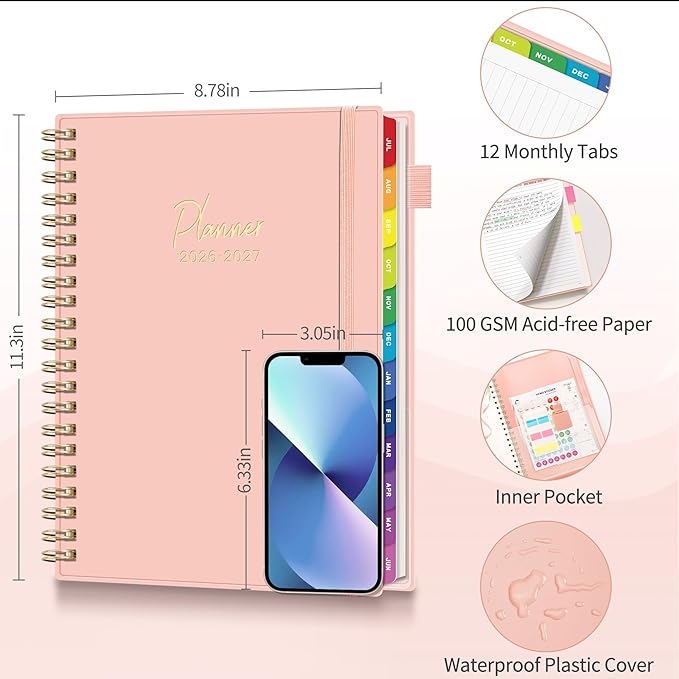 EMSHOI 2026-2027 Appointment Book, A4 15-Minute Hourly Planner, July 2026 - June 2027, Academic Planner Weekly and Monthly, 100GSM Thick Paper, Flexible Cover, Note Pages, Colorful Tabs, Pink