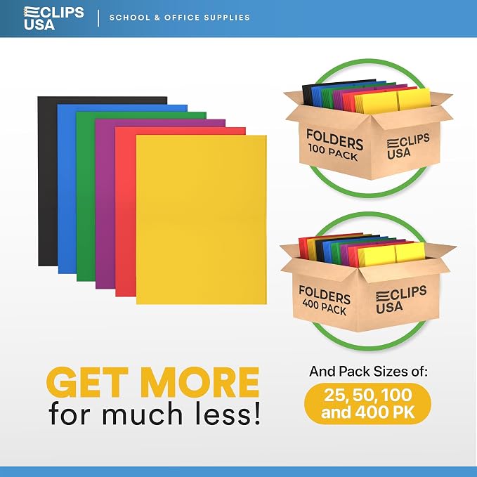 Folders with Pockets 2 Pocket Folders Bulk, Holds 100 Sheets (50 Sheets Per Pocket) Assorted Colors Office Or School (100 Pack)