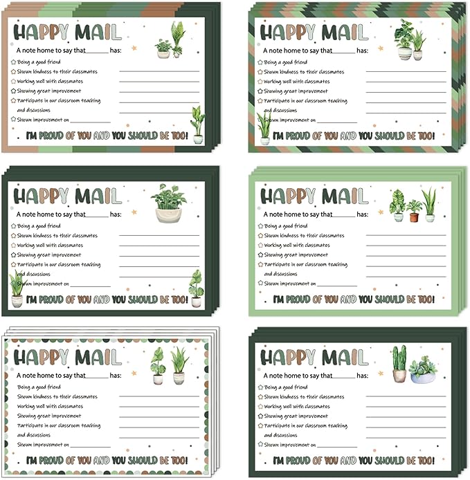 60Pcs Greenery Happy Mail Teacher Notes to Parents Classroom Good Behavior Incentive Motivational Cards Positive Postcards to Send Home for Classroom Kindergarten Elementary School
