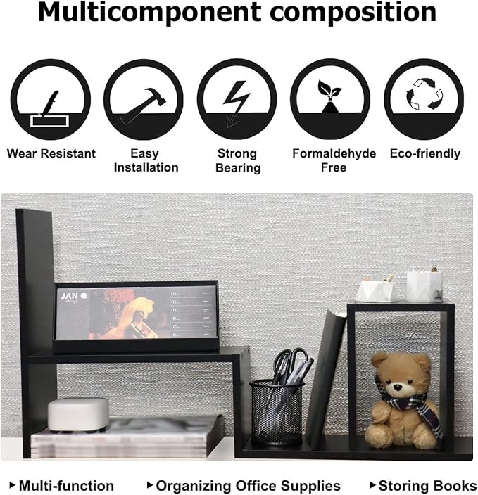 MASAKA B&W - Kawaii Storage Desktop Organizer for Your Desk Space, Double H Plants Display Shelf, Home Office Storage Rack Adjustable Stackable for Office, Dormitory (Black*02)