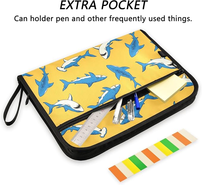 Hand-Drawn Sharks File Folders, Plastic Folders with 13 Pockets, Expandable File Folder for Documents School Students Office, Aesthetic Folder with Labels A4 Letter Size