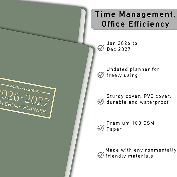 Monthly Planner Jan 2026 - Dec 2027, Calendar Planner for 24 Months, 9×11 Inch, Teacher Monthly, Waterproof PVC Cover, Spiral Bound, Time Management Calendar, Perfect for School & Office (Green)