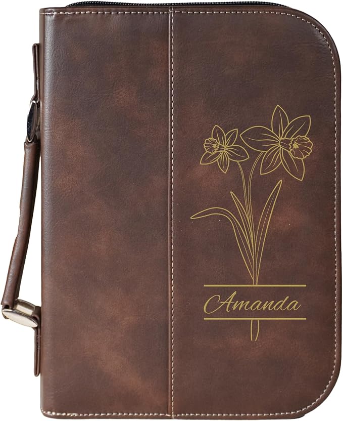 Personalized Vegan Leather Zippered Bible Cover – Custom Engraved Scripture Journal Case with Handle, Pen Holder & Pocket – Fits Large & Medium Bibles