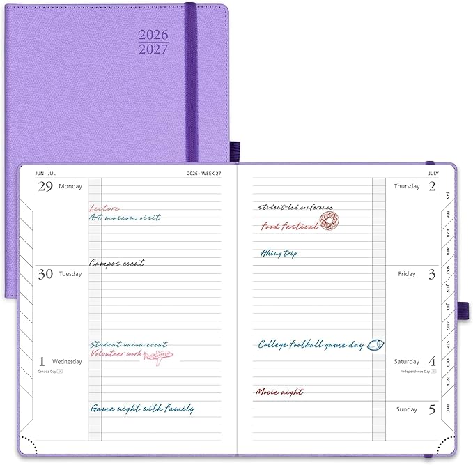 POPRUN Planner 2026-2027 (Medium 6.75"x 8.75"), Horizontal Weekly Notebook Jul.2026 - Jun.2027, Academic Appointment Book with Monthly Tabs, Leather Hardcover, 100 GSM - Lavender