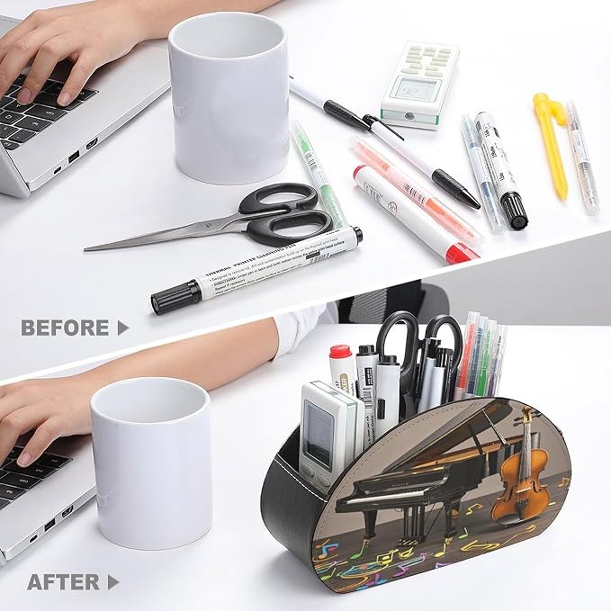 Leather Remote Control Holder with 5 Compartments Piano Violin Music Notes Remote Caddy Desktop Organizer Store TV Remote Holder Remote Organizer for Bedside Table Office Desk