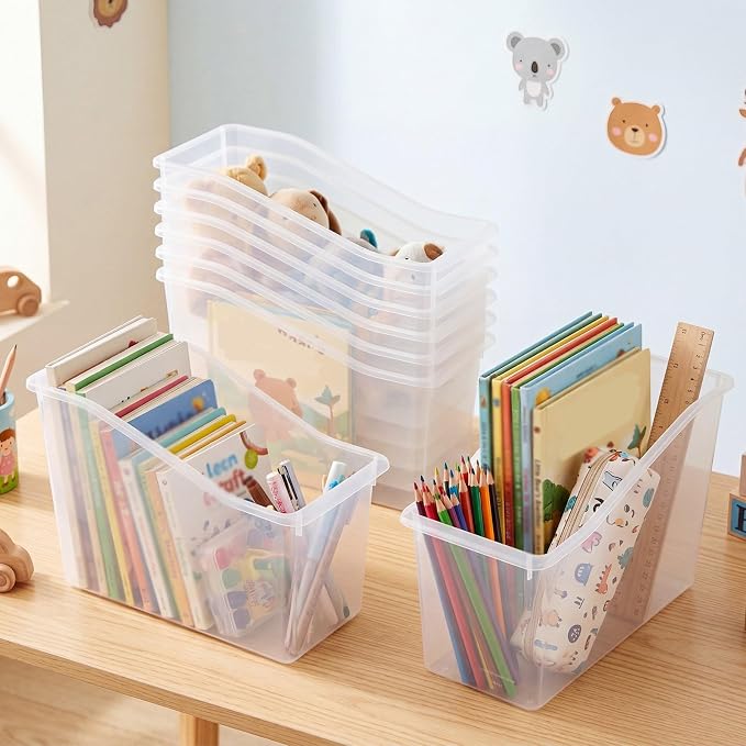 Fuutreo 12 Pcs Pieces Book Bins for Classroom Plastic Binder Holder Magazine Stuff Folder File Organizer Box for Home Office School Supplies (Clear)