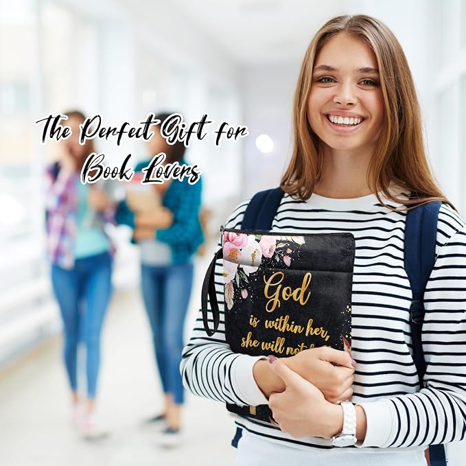 Christian Bible Verse Book Cover, Waterproof Book Sleeve with Zippered Front Pocket Retro Flowers Book Pouch for Book Lovers, Christmas, Birthday, Graduation Gifts (Black-GOD, Large)