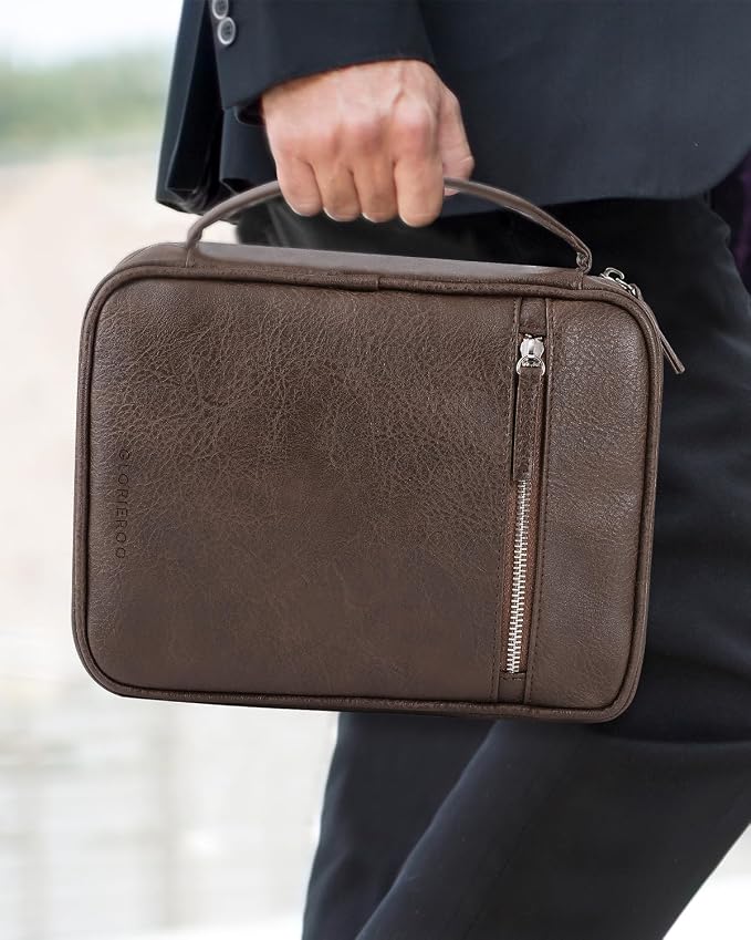 Bible Case for Men, Vegan Leather Bible Cover with Durable Handle and Zippered Pocket, Carrying Bag for Church and Prayer Meetings, Father's Day Christian Gift for Dad