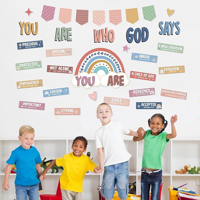 Qyeahkj Boho Christian Bulletin Board Decorations Inspirational Bulletin Board Set Colorful Rainbow God Says You Are Cutouts Motivational Religious Classroom Wall Decor for School Home Church Supplies