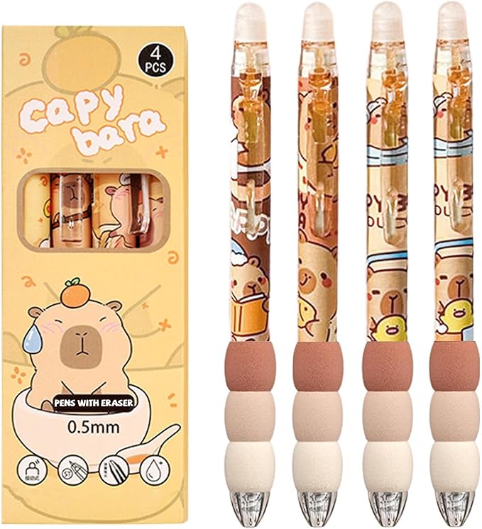 Capybara Pens, Cute Capybara Themed Click Pens, 0.5mm Fine Point Black Ink, Capybara Gel Ink Pens with Collectible Packaging, Perfect for Office, School, Women, Girls, Boys (4 Pack)