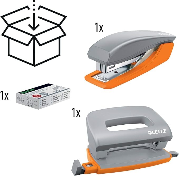 Leitz Mini Stapler & Hole Punch Set, Staple or Punch up to 10 sheets, Includes Staples, Urban Chic Range, Blue/Black, 55996088