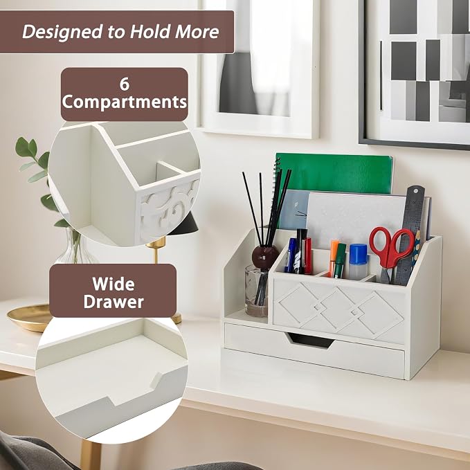 White Wooden Mail Organizer with Drawer, Three Tiered Desk Accessories for Office Organization and Storage, Stylish Countertop Document Storage, Home/Office/Classroom Supplies (White02)