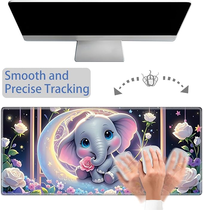 Mouse Pad Gaming Mousepad 31.5x11.8 Inch XXL Large + Coasters,Desk Mat with Stitched Edges, Non-Slip Rubber Base, Thick Mouse Pad for Computer, Laptop, Office & Home - Cute Elephant Moon
