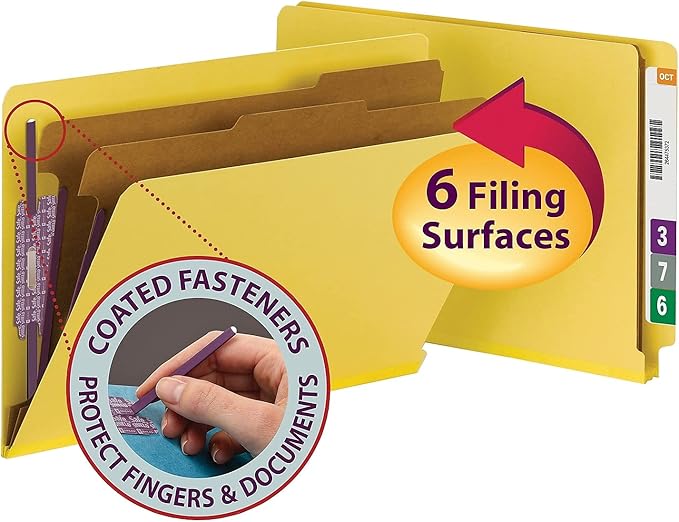 Smead 100% Recycled End Tab Pressboard Classification File Folder with SafeSHIELD Fasteners, 2 Dividers, 2" Expansion, Legal Size, Yellow, 10 per Box (29789)