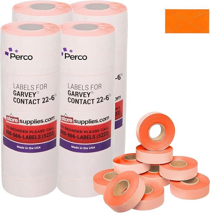 Perco 2212 Fluorescent Red Pricing Labels for Garvey Contact 22-6/22-7/22-8 Price Gun - 36 Rolls, 44,000 Pricemarking Labels - with Bonus Ink Roll