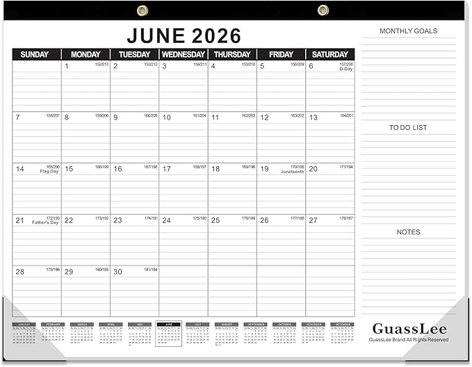 GuassLee Large Desk Calendar 2026,22" x 17" Desktop Wall Calendar 19 Months Planner Runs from Jun. 2026 to Dec. 2027 with Julian Date To-do & Notes Monthly Goals for School Home Office