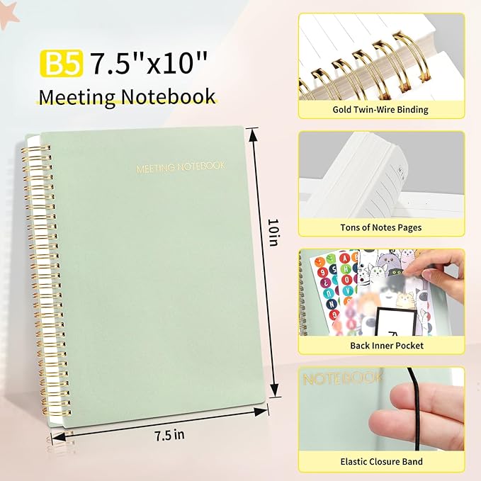 SUNEE Meeting Notebook for Work with Sticky Tabs - 160 Pages, B5 Size Project Planner, Spiral Meeting Agenda/Minutes Notebook Organizer for Women Men, Note Taking, Office & Business,7"x10", Sage Green