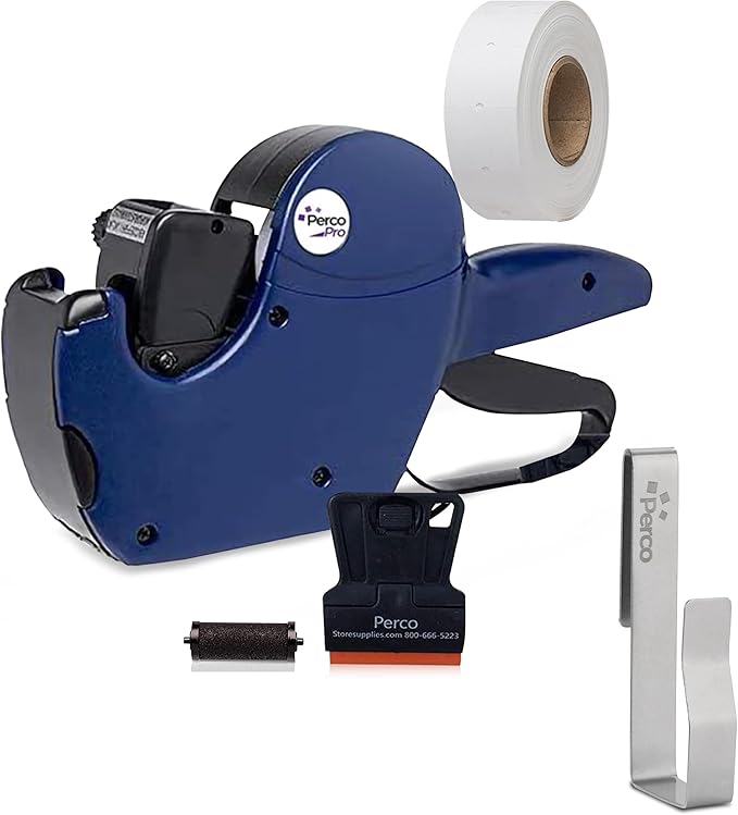 Perco Pro 2-Line Date Gun | 2-Line 16-Characters Date Labeler Gun Pre-Loaded with 750 Blank White Labels and an Ink Roll - Also Includes a Label Scraper Bundled with Perco Labeler Gun Clip