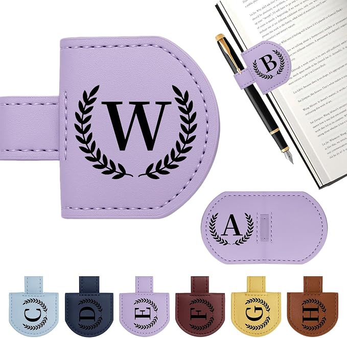 Personalized Magnetic Bookmark Pen Holder, Leather Book Marks for Reading Women& Men, Engraving 26 Letters Name Initial Bookmarks with Pencil Pen Holder, Gift for Book Lovers, Readers (Purple, W)