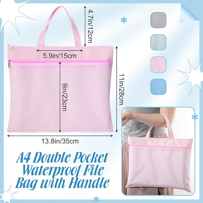 Zhehao 16 Pcs Student Book Pouches with Handle Waterproof Document Bag Sew Project Bag for Quilting Mesh Zipper Pouch File Artwork Storage Organize for A4 Files, 14 x 11 Inch