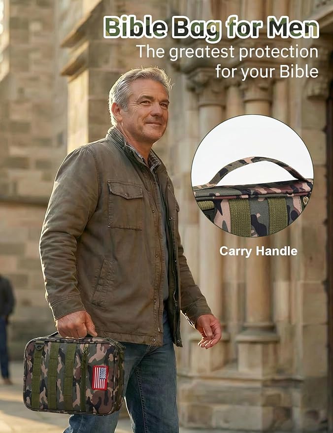 4 PCS Tactical Bible Cover for Men - Bible Bag for Men with Shoulder Strap - Washable Padded Bible Case with Carry Handle- Christian Gift for Men Bible Case for Church, Study, Spiritual