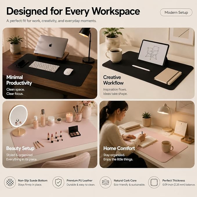 AFIING Cork Desk Mat, Black,23.6" x 13.7", Desk Pad Protector | Dual-Sided Cork & PU Leather, Large Mouse Pad, Non-Slip & Waterproof