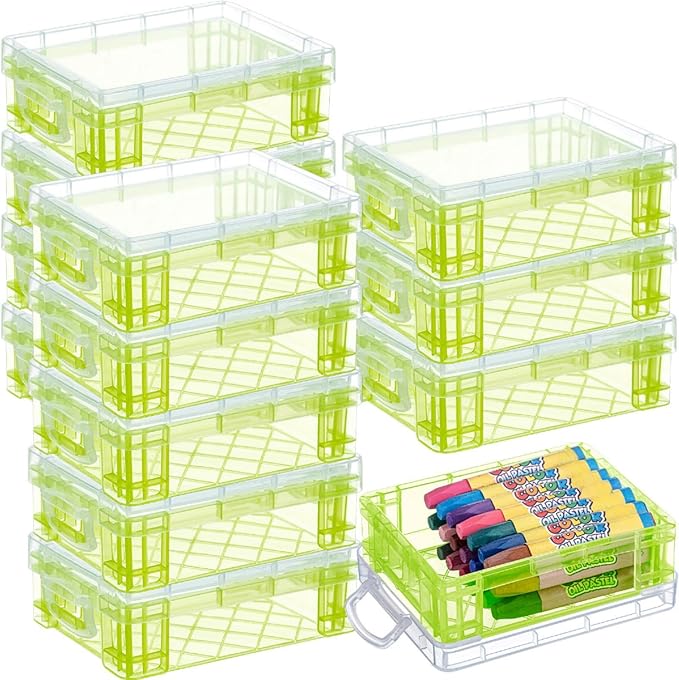 Suzile 12 Pcs Plastic Clear Crayon Box with Lids Stackable Crayon Organizer Storage Holder Container Bulk Hard Pencil Case for School Classroom Office Supplies Pen Pencil Art Crafts(Yellow)