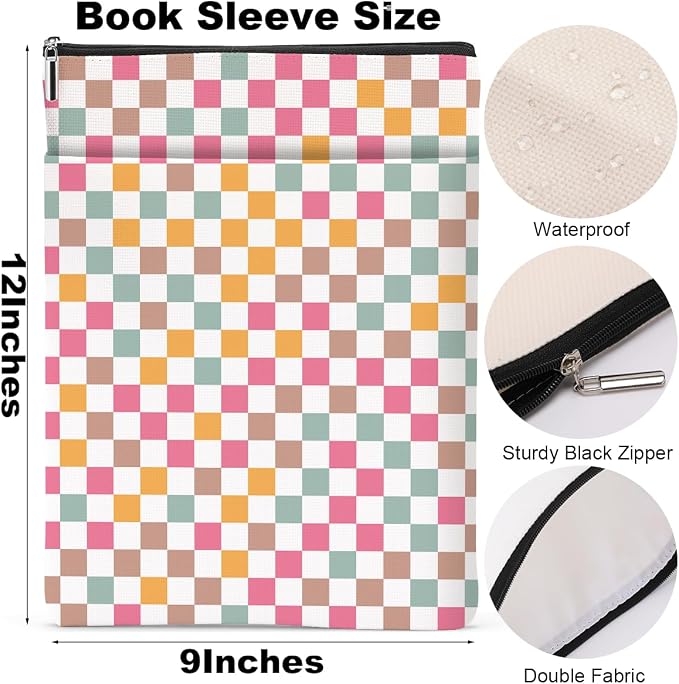 Retro Plaid Book Lovers Gifts Book Sleeve Vintage Checkered Waterproof Book Cover Book Pouch Book Protector with Front Pocket Book Club Christmas Birthday Gifts for Women Girl Bestie Book Accessories