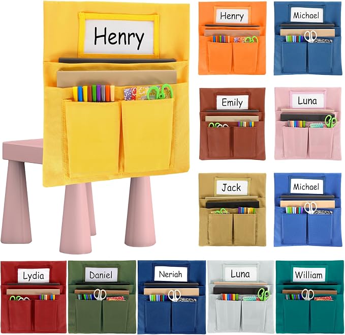 gisgfim 12 Pcs Small Chair Pockets for Classroom 13 x 14 Inch Bag with Name Tag Multi Pockets Chairsback Pouch Organizer for Student Kindergarten Elementary Daycare (Dark Earth)