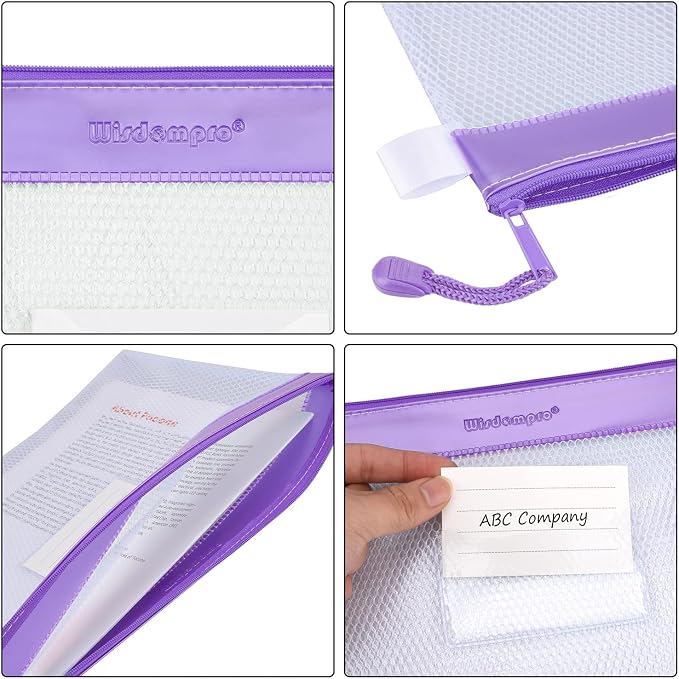 Wisdompro Zipper Pouch, 4 Packs Durable Letter Size Waterproof Mesh File Bag, Document Organizer - Blue/Purple