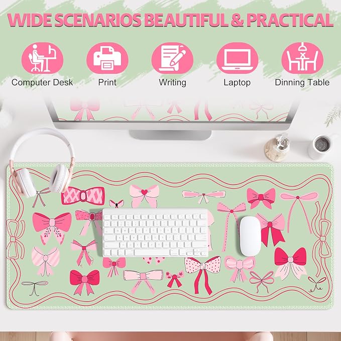 Desk Pad for Keyboard and Mouse, Large Mouse Pad for Desk, Non-Slip Keyboard Mat, Computer Mats for Desk, Desk Pad with Stitched Edges for Office, Gaming I Green Various Pink Bows