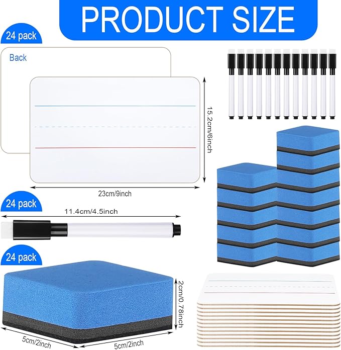 Colarr 24 Sets Mini White Boards 6"x 9" Dry Erase Boards Classroom Pack Includes Two Sided Small Whiteboards Markers, Lapboards Erasers for Teachers Students School
