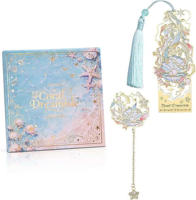 2 Pcs Metal Bookmark Gift Box, Golden Hollow Bookmarks Ocean Painting Theme Book Mark for Women, Book Lovers Writers Readers and Teens, Perfect for Birthday and Graduation Gifts(Green)