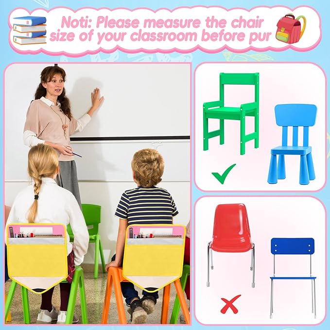 24Pcs Pencil Chair Pockets for Classroom Pencil Chair Back Buddy Pocket with Name Tags 17 x 20In Chairs Organizer 3 Pockets Seat Storage Pocket for Kids School Classroom Daycare Home Supplies