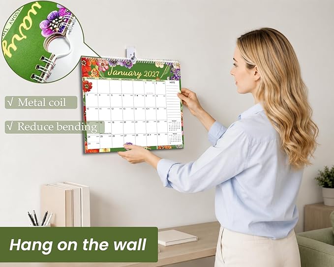 AECCN Calendar 2026-2027, 18 Months Calendars, 14.4" x 11.4", Thick Paper, Anti Ink Bleed and Transparent Cover, Wall Calendar 2026-2027 with Stickers for Home, school, Office Planning-Flower