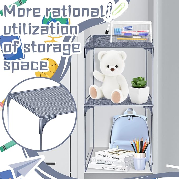 Demonwer Locker Organizer Shelf Gray Blue Stackable Extra Locker Shelf Storage Cabinet Accessories for Back to School Office Home Gym Supplies