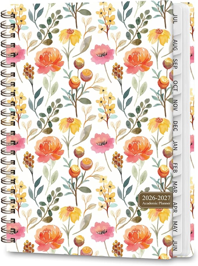 Academic Planner 2026-2027, Weekly and Monthly Agenda Planner, Daily Calendar Planning Notebook (July 2026 - June 2027), School Teacher Student Supplies, Painted Flowers