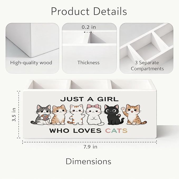 Cat Lover Desk Organizer Wooden Pen Pencil Holder for Desk, 3 Compartments Office Desk Accessories, Just A Girl Who Loves Cats Desk Decor, Cute Cat Gifts for Women Home Office Desk Storage