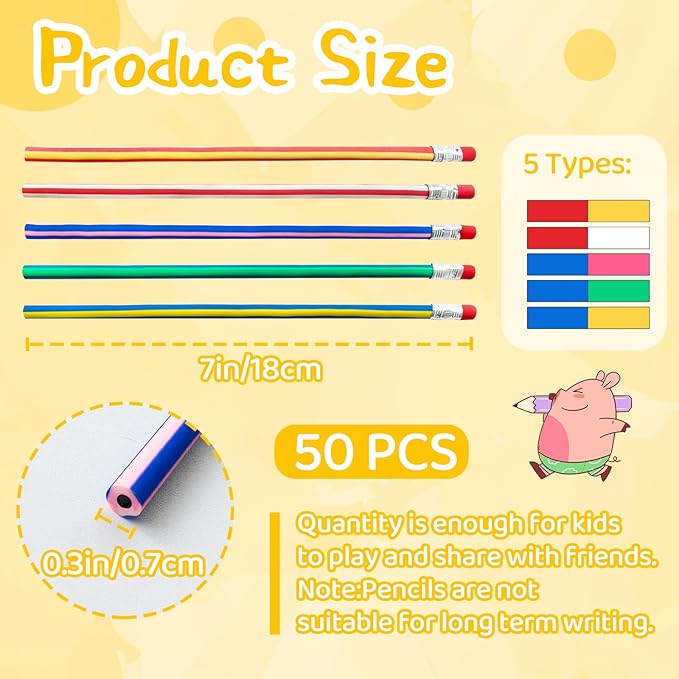 100 Pack Flexible Bendy Pencil,Stripe Rubber Pencil with Erasers,Colorful Bendable Soft Pencils for Classroom Gifts,Goodie Bag Fillers