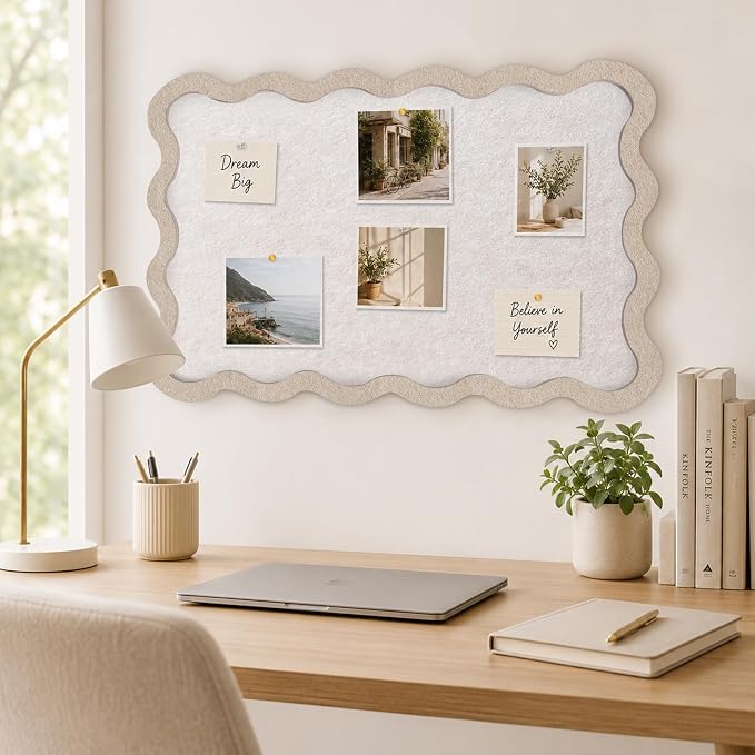 Scalloped Felt Bulletin Board, Sized 36" x 24" Felt Cork Board Alternative for Office & Wall Decor, Customizable Adhesive Tiles with Pins Hooks for Photo Display School Home Office, Oatmeal