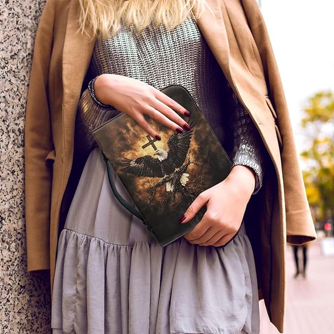 Small Bible Cover Case for Women Men Bald Eagle and Cross Print PU Leather Bible Case with Bookmark Church Bag Book Carrying Case Bible Cover for Women Men Bible Case for Men Women