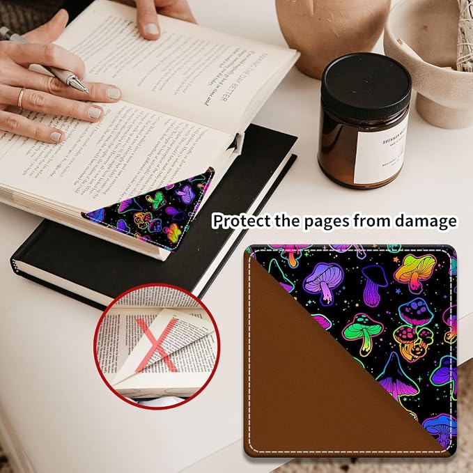 Cute Leather Bookmarks, Fun Triangle Making Corner Bookmark, Book Accessories for Reading Book Lovers, Unbreakable Page Markers for Women Men Colorful Cute Mushroom