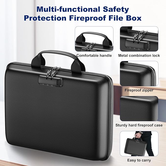 Fireproof Document Box, Hard Case Fireproof File Organizer with Lock and 13 Pocket Accordion File Folder, Portable Safe Box for Home Office Travel to Storage Important Documents Laptop Black