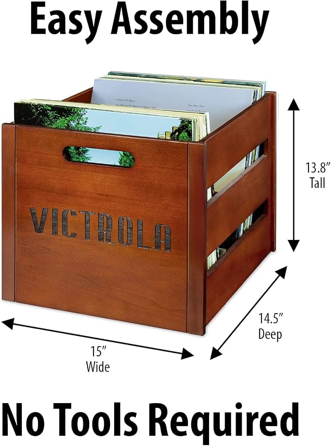 Victrola Wooden Record Crate – Tabletop Vinyl Album Holder, No-Tool Assembly, Holds Over 50 Records, Real Wood Construction, Elegant Design (Wood)