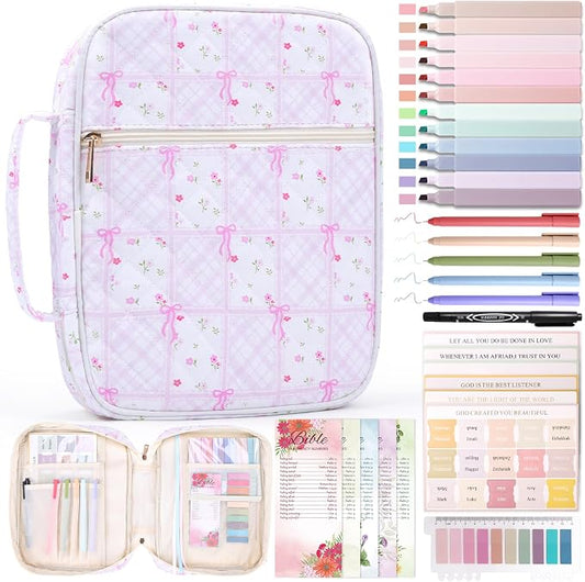 XKDOUS Bible Cover for Women Carrying Book Case with Zipper Pocket and Handle, Tabs, Study Supplies Organizer Quilted Bible Bags Floral Pattern Large Book Carrier