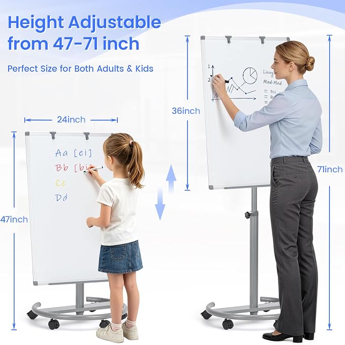 MAKELLO Rolling Whiteboard 3' x 2', Height Adjustable Dry Erase Board on Wheels, Mobile White Board for Office School Classroom Home Restaurant, Aluminum Frame, 36x24 in