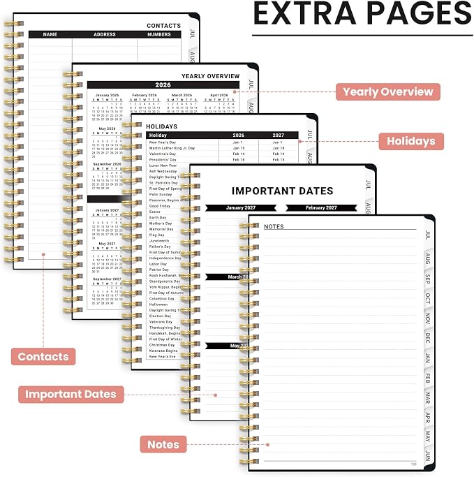 Planner 2026–2027, Academic Planner Weekly and Monthly Calendar Jul 2026 – Jun 2027 Hardcover Planner with Tabs and Pocket, Spiral Bound Agenda Book for Student & Teacher, 6.3" x 8.5", Blush Bouquet