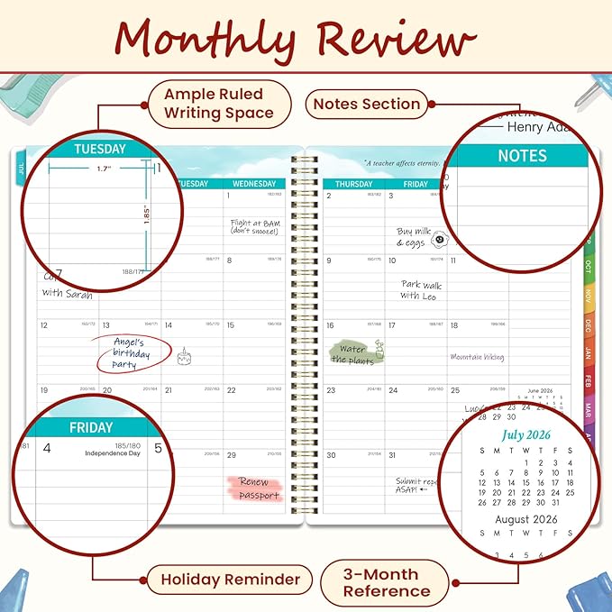Teacher Planner 2026-2027 - Lesson Planner, Jul. 2026 - Jun. 2027, 8.5" x 11", Planner 2026-2027, Teacher Lesson Planner, Twin-wire Binding, Inner Pocket - Apple and Pencil