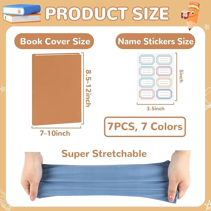 QOUBAI Jumbo Stretchable Book Covers 7PCS Reusable Fabric Book Covers with Label 9x11in Boho Brown Protective Sleeve for Hardcover Books Textbook Covers for School Fits Most Book Sizes Up to 10x12.5in