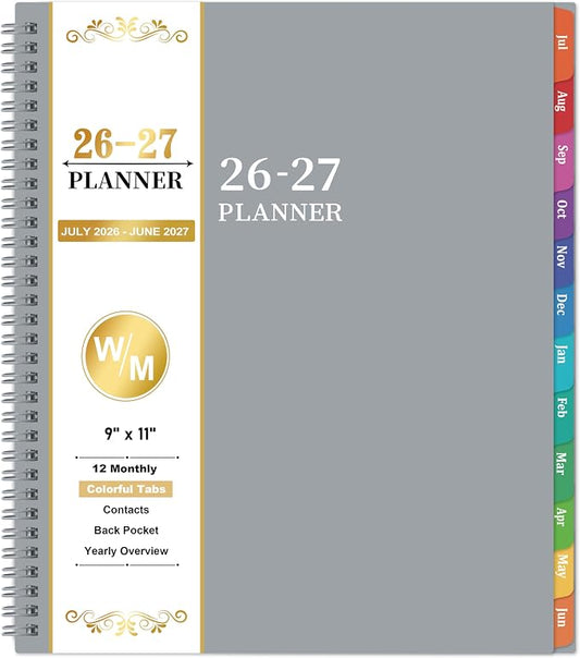 Planner 2026-2027 - July 2026 - June 2027, Academic Planner 2026-2027, 26-27 Planners Weekly and Monthly with Colorful Tabs, 9" x 11", Monthly Calendar Planners with Twin-wire Binding, Pocket - Grey